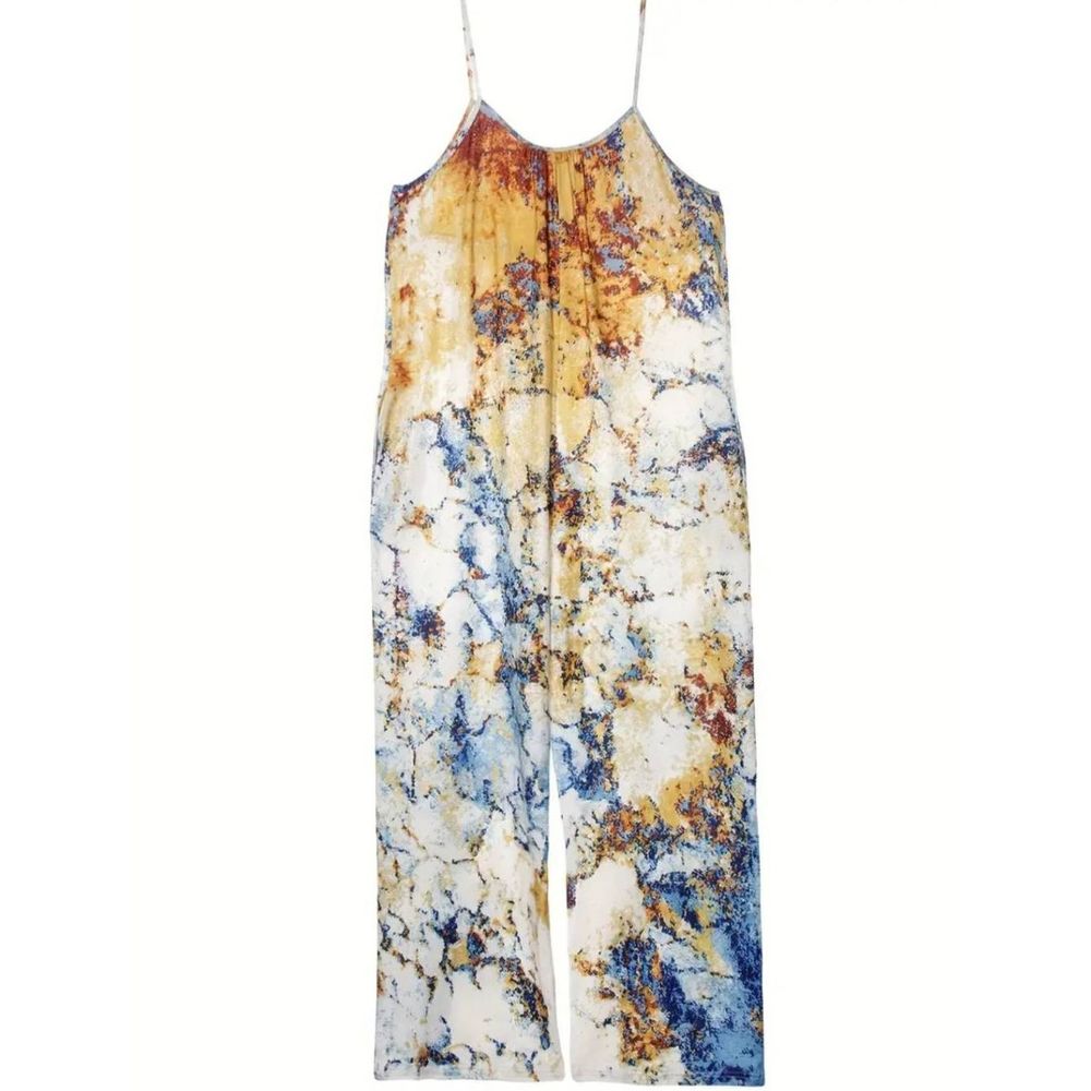 Mixed Color Boho Jumpsuit, Tie Dye Round Neck Wide Leg Slight with Stretch 14 - Picture 2 of 7